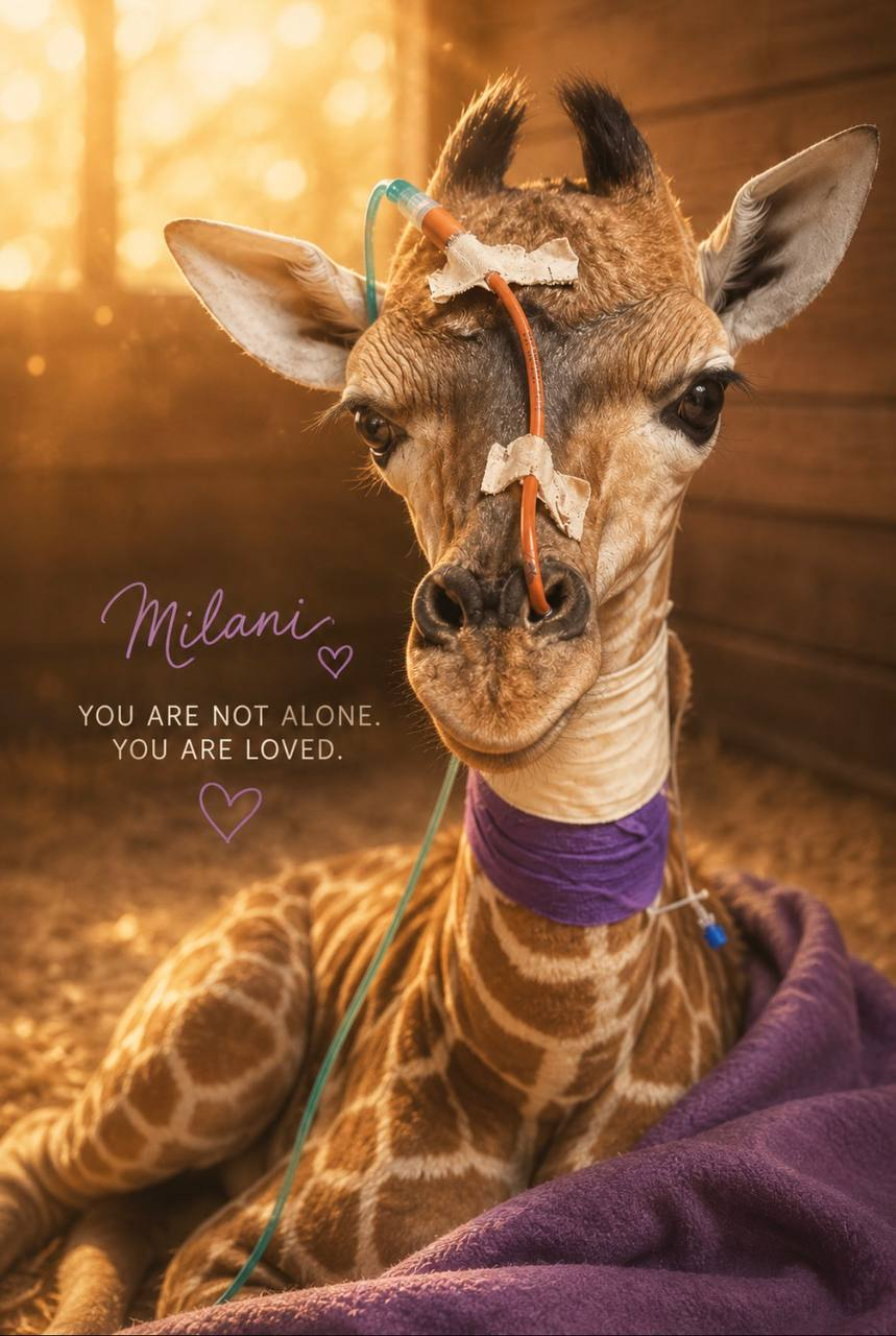Milani resting in her purple neck wrap with an oxygen line during her early care.